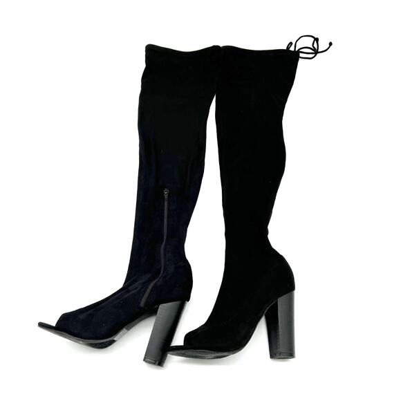 Olivia Fargiano Womens 6 Over the Knee Peep Toe Sueded Fabric Heeled Boot Black - Picture 1 of 8